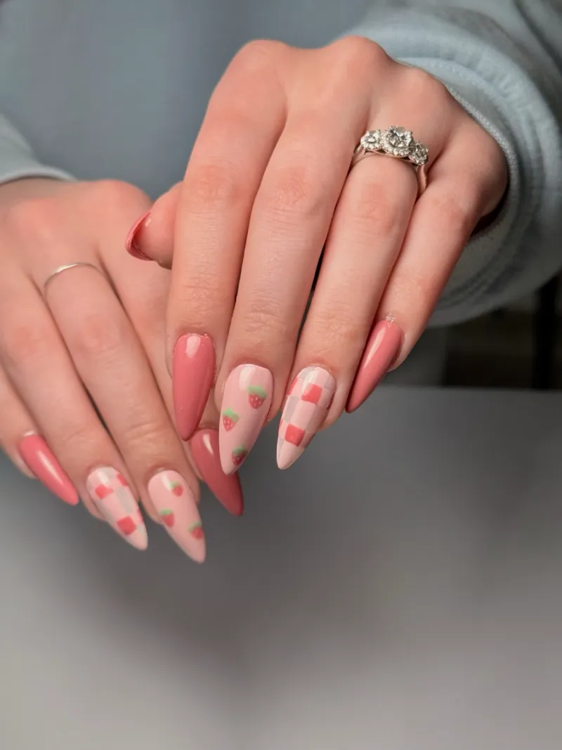 Strawberry Cottage Core press-on nails: dusty-rose almond nails with hand-painted strawberries, handcrafted by Nail Oasis