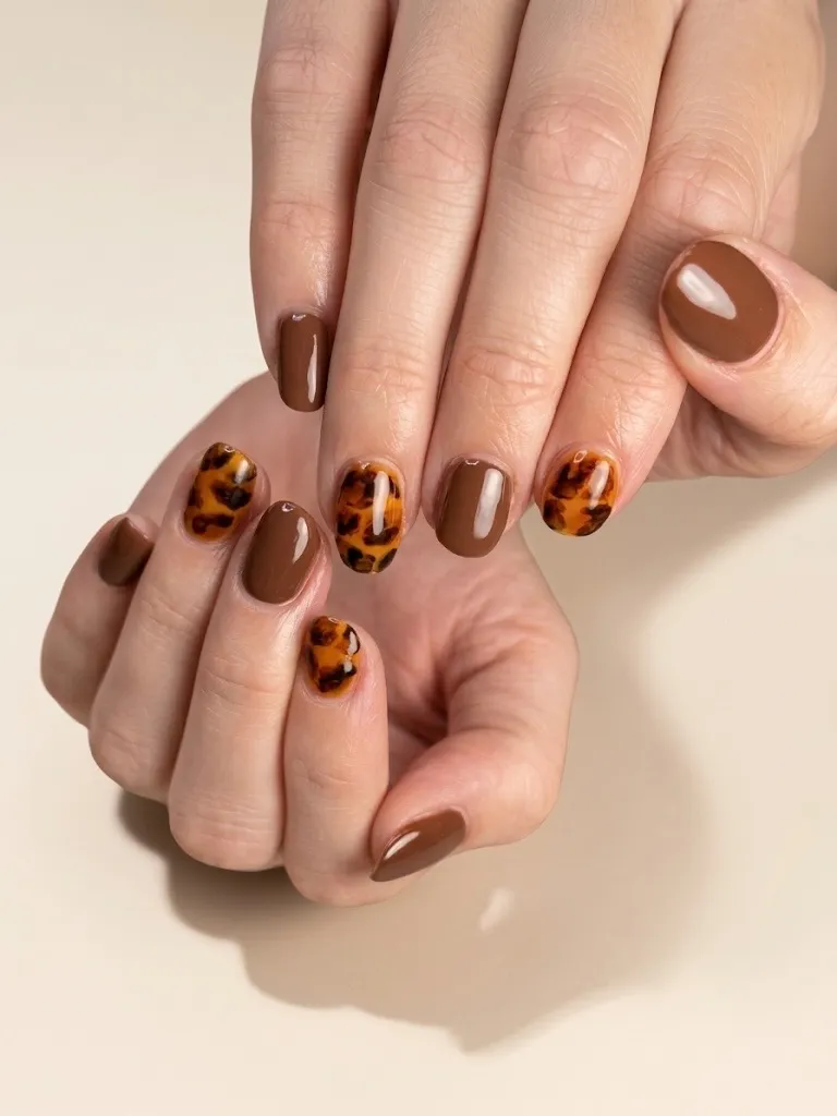 Tortoise Shell press-on nails in chocolate brown and amber, handcrafted by Nail Oasis